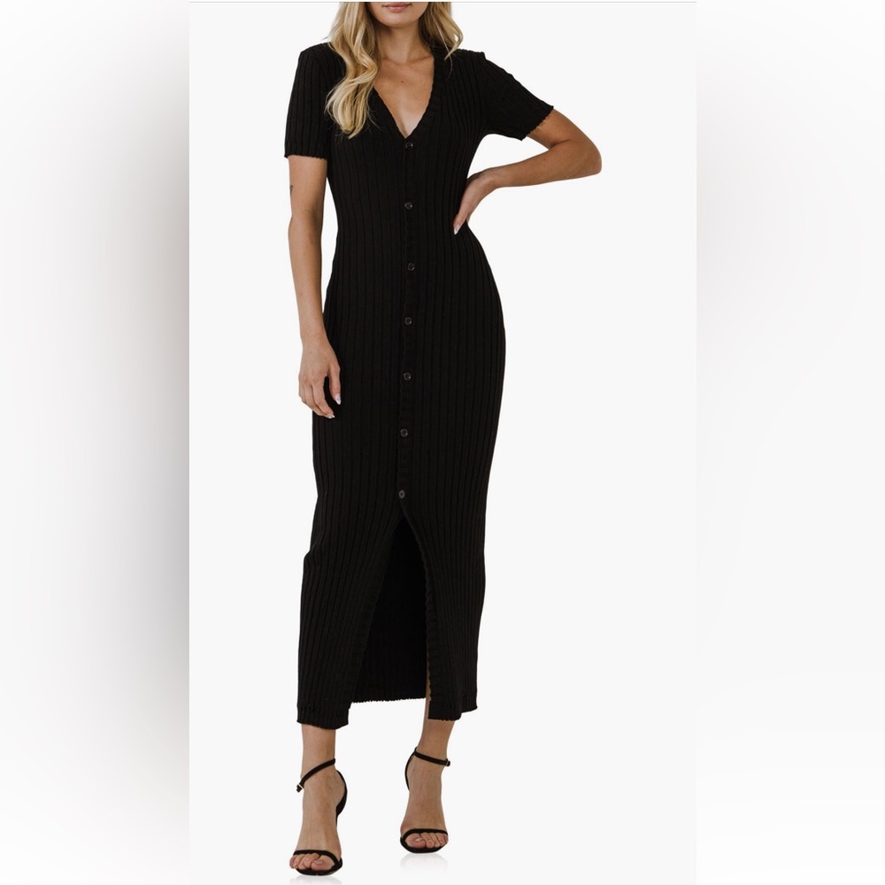 Endless Rose Black Ribbed Knit Button-Front Maxi Dress